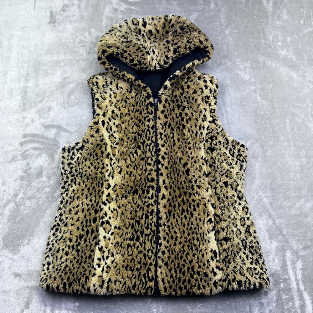 Kristen Blake Leopard Faux Fur Vest Womens M/M Hooded Sleeveless Jacket‎ Boho
